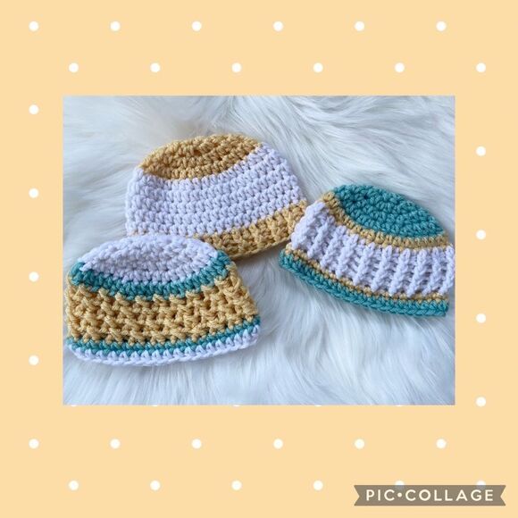 Newborn Baby Crochet Hat Set of 3 Yellow Grey Mint Green 0-3 - Picture 4 of 13